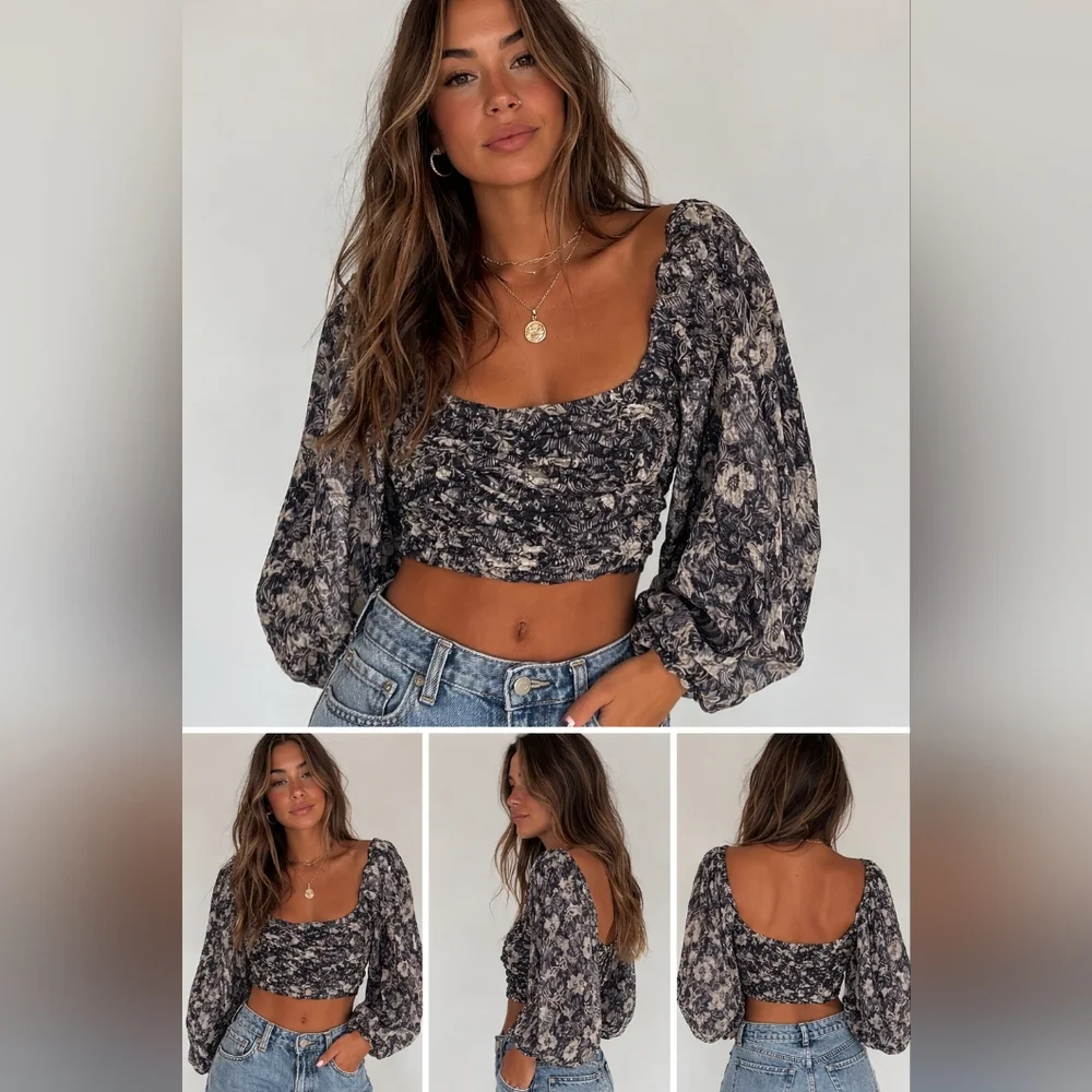 Free People Ruched Floral Puff Sleeve Crop Top Size Medium